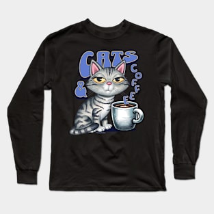 Gray Tabby Cats and Coffee Long Sleeve T-Shirt